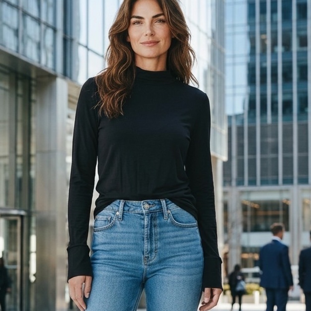 Frank & Eileen TEE Black Supima Cotton Mock Neck LS Top L Sustainable Minimalist
